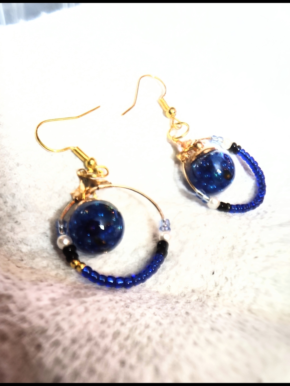 Gold Hoop Earrings with Deep Blue Glass Bead